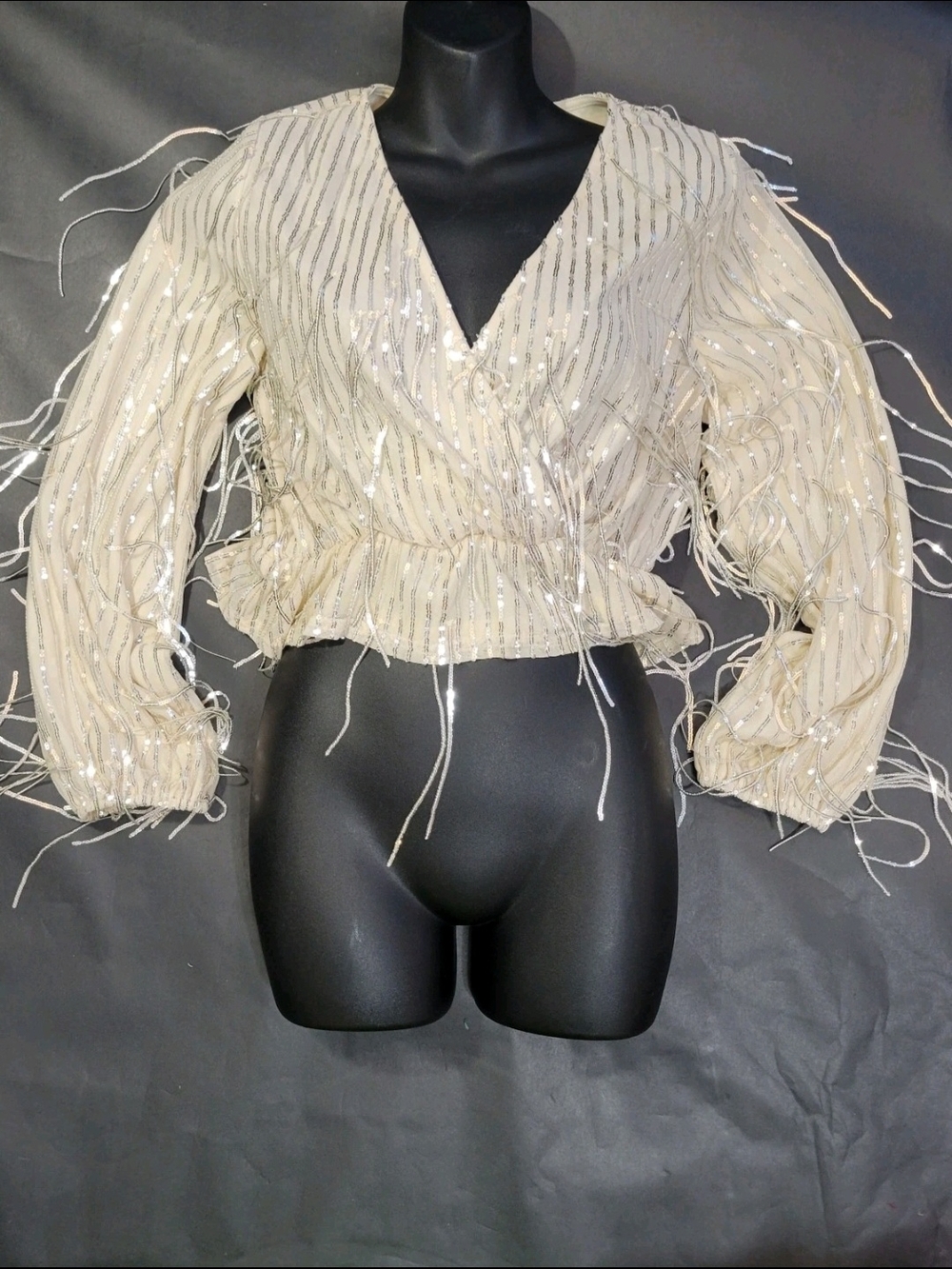 En Creme Fringe Sequin Wrap Long Sleeve Blouse Top Size Small Formal Western
